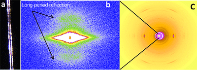Fig. 3 (a) Vinylon fiber with a diameter of 15 &micro;m, (b) SAXS pattern and (c) WAXS pattern of the fiber