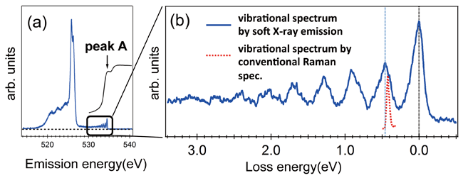Figure 2 (a) Soft X-ray absorption/emission spectra and (b)Expanded scale of the soft X-ray emission spectrum in the multiple vibrational excitation region
