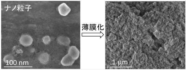 図2 Eu錯体-ガラスナノ粒子の電子顕微鏡写真(左:ナノ粒子、右:薄膜表面)