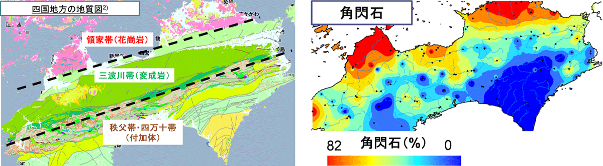 図4 四国の地質図* 図5四国における角閃石の分布図‡