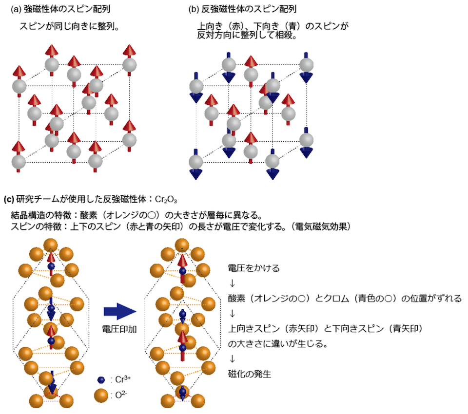 強磁性体と反強磁性体のスピンの並び方の違い。