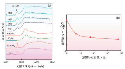 図2．クロムK吸収端の蛍光XANESスペクトル(a)と、6価クロム濃度の時間変化(b)。