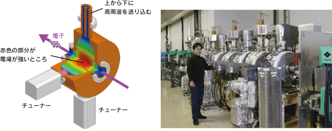 高周波加速空洞：蓄積リングでは32台を使用。右は空洞の前に立つ筆者。