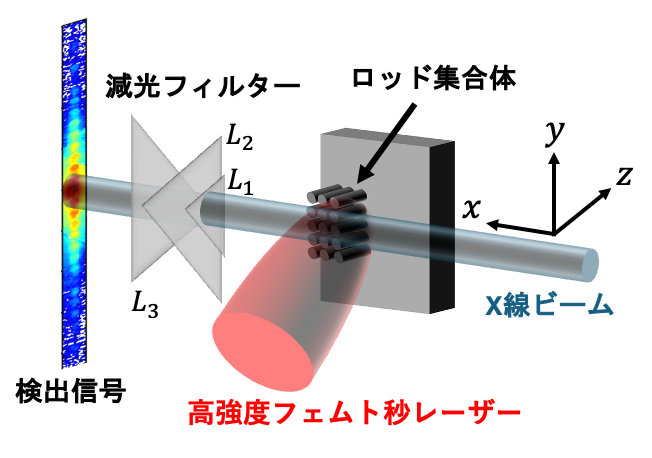 図1 図1. 高強度フェムト秒レーザーによる微細ロッド集合体ターゲットのプラズマ化ダイナミクスに対するX線自由電子レーザーを用いた観測実験の概念図。